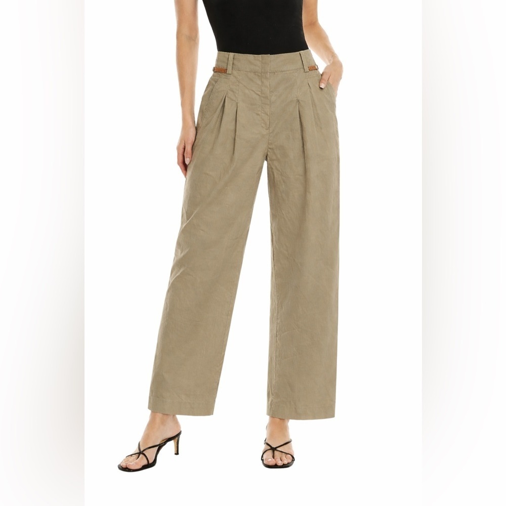 Lafayette 148 Pleated Wide Leg Cropped Pants Lambskin Leather Detail Green Clay
